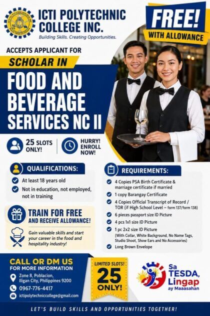 two smiling students hold food trays; text promotes icti polytechnic college's tesda food and beverage services scholarship.
