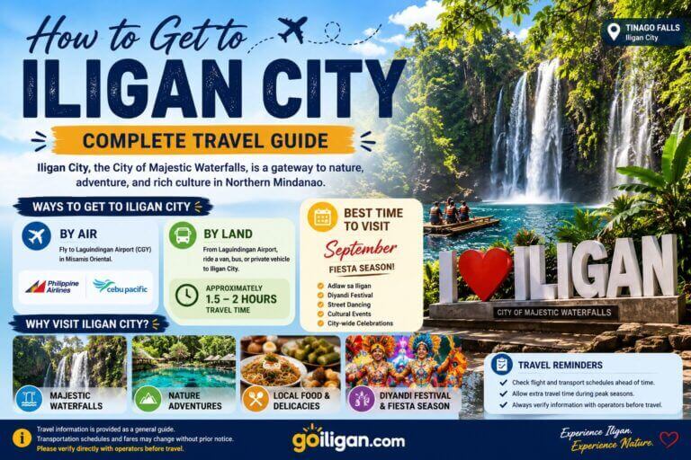 infographic travel guide on how to get to iligan city, with tips, routes, and top city attractions.