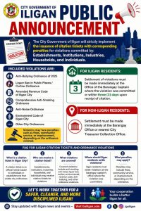 colorful infographic detailing iligan city's ordinance violations, citation tickets, fines, and payment procedures.