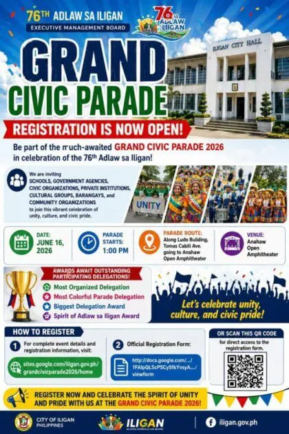 colorful poster for adlaw sa iligan’s 76th grand civic parade; includes 2026 registration and event details.