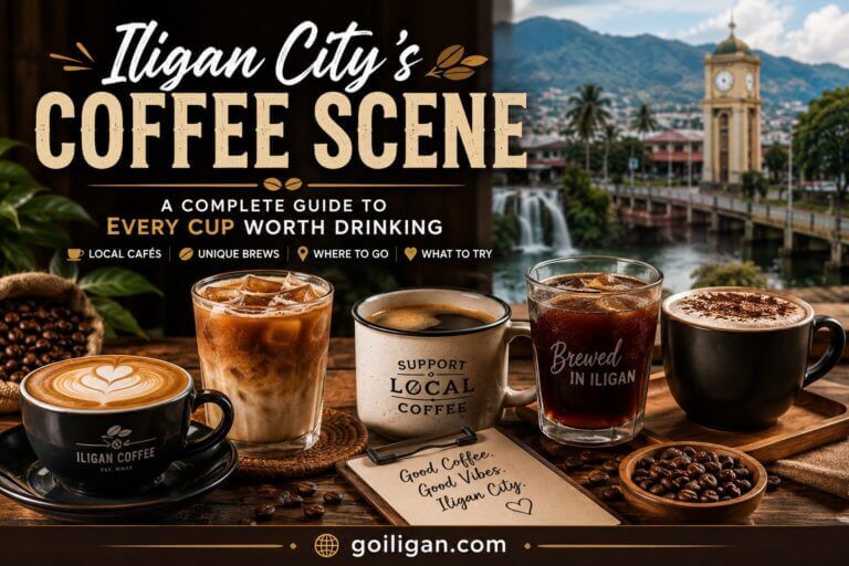 four coffee drinks on a table with beans and mugs, set against iligan city's clock tower and mountain view. coffee guide.