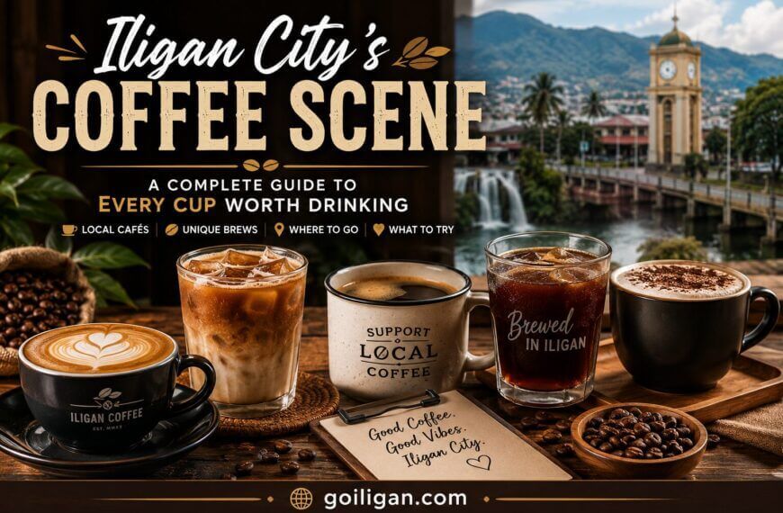 four coffee drinks on a table with beans and mugs, set against iligan city's clock tower and mountain view. coffee guide.