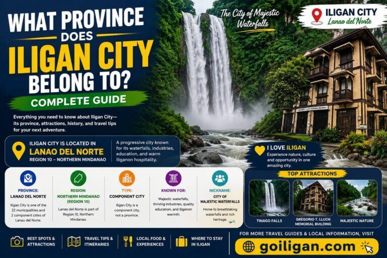 a guide infographic showing iligan city in the province of lanao del norte, with top facts and attractions.