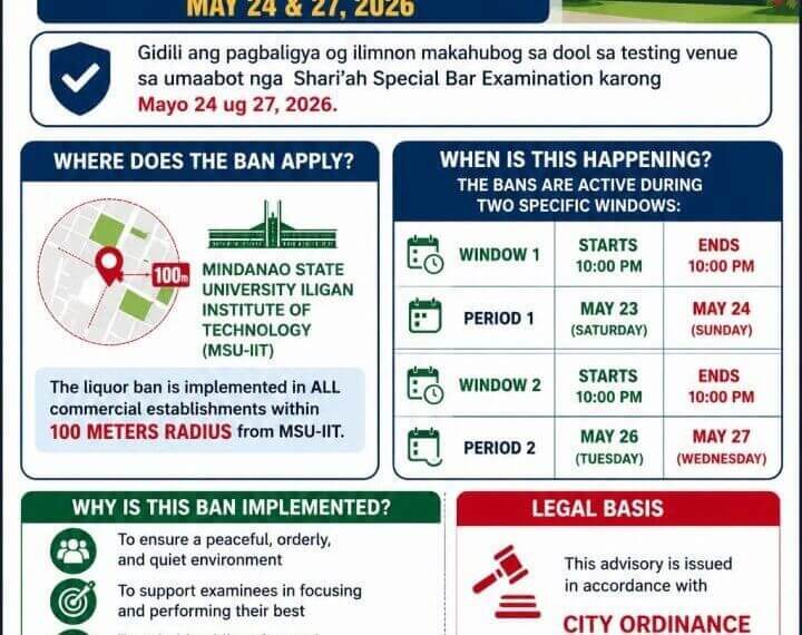 infographic on the temporary liquor ban at msu iit for the shari'ah special bar exams, with details and a map.