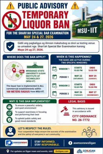 infographic on the temporary liquor ban at msu iit for the shari'ah special bar exams, with details and a map.
