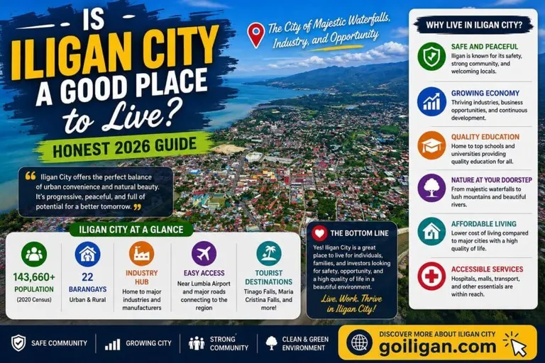 2026 guide: infographic shows why iligan city is a top place to live, with key features and stats highlighted.