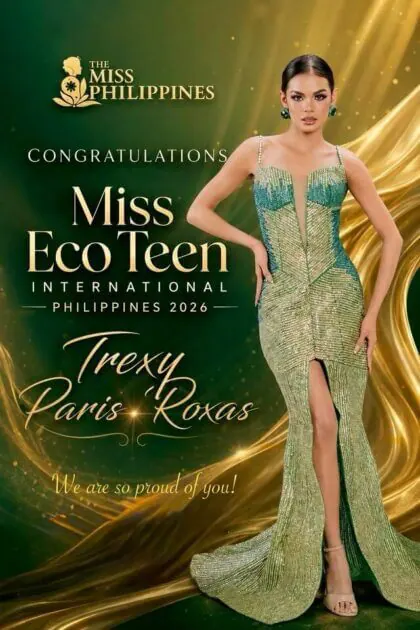 trexy paris roxas of iligan shines in a green gown after winning miss eco teen international 2026.