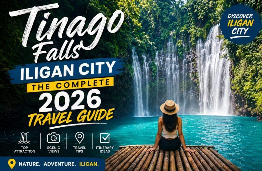 a woman in a hat sits on a dock facing tinago falls cascading into a blue pool, surrounded by lush greenery.