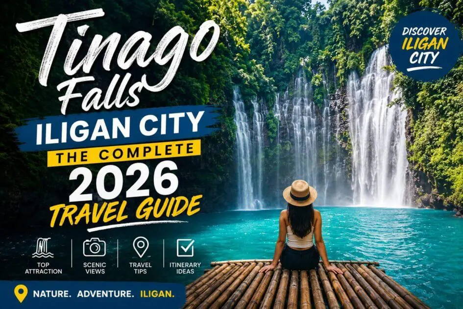 a woman in a hat sits on a dock facing tinago falls cascading into a blue pool, surrounded by lush greenery.