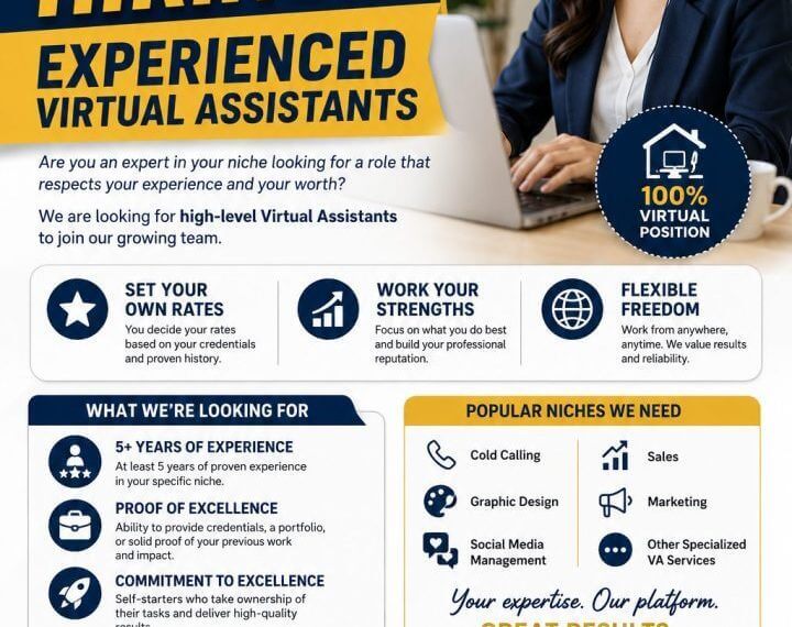 a woman in business attire wears a headset, smiling at a laptop: we are hiring! work from home virtual assistants.