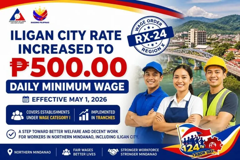 three iligan workers smile by the bridge; text announces a wage hike to ₱500 minimum pay from may 1, 2026.