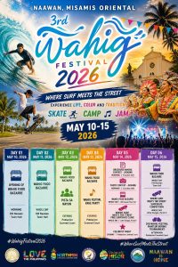 colorful poster for wahig festival 2026 in naawan, misamis oriental with event schedule and dancer photos.