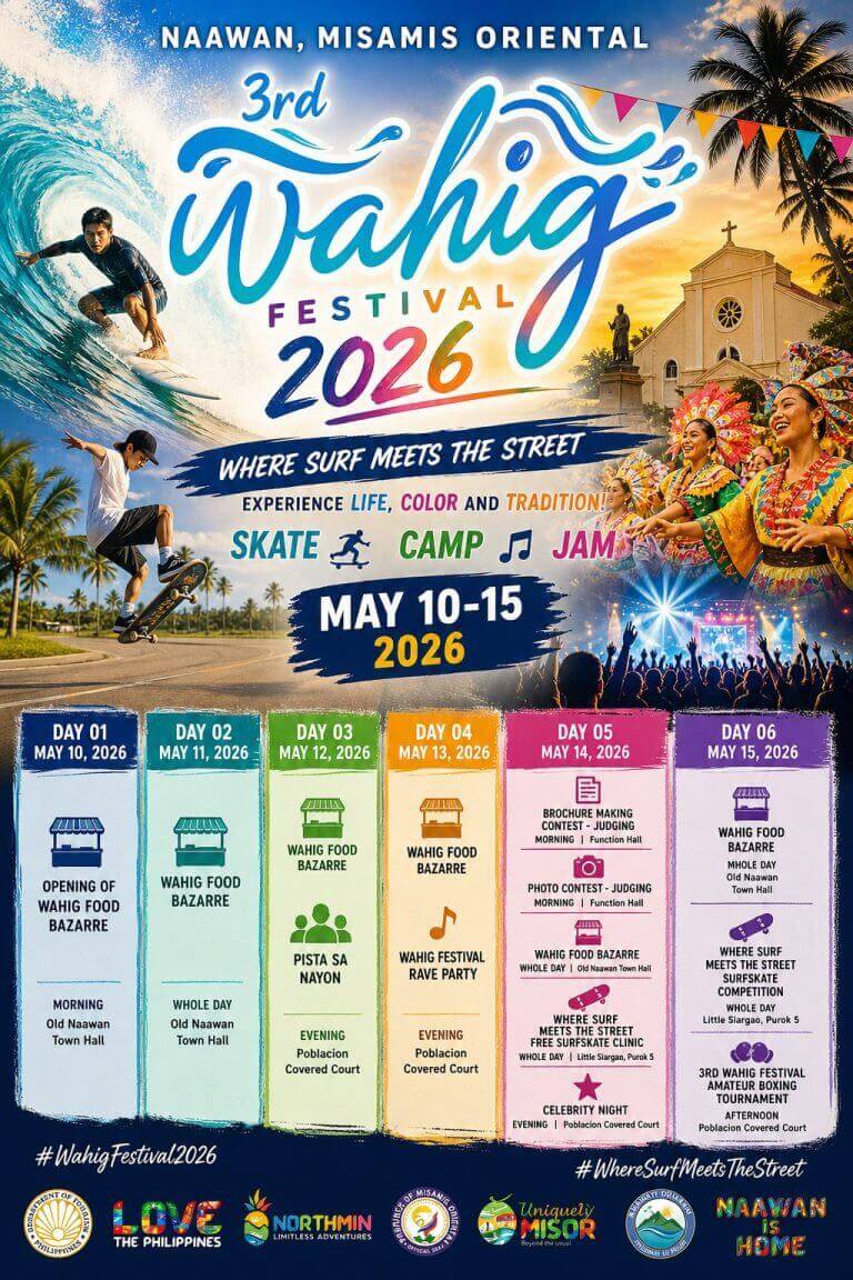 colorful poster for wahig festival 2026 in naawan, misamis oriental with event schedule and dancer photos.