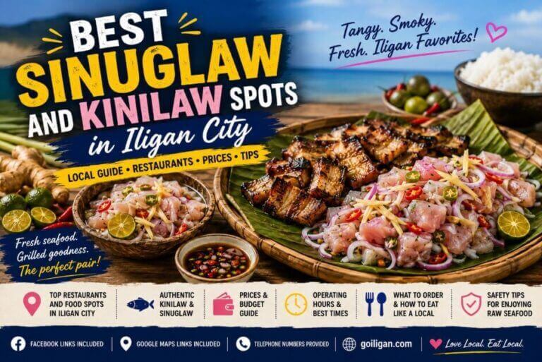 plates of grilled meat and kinilaw iligan city are displayed with text promoting iligan city food spots.