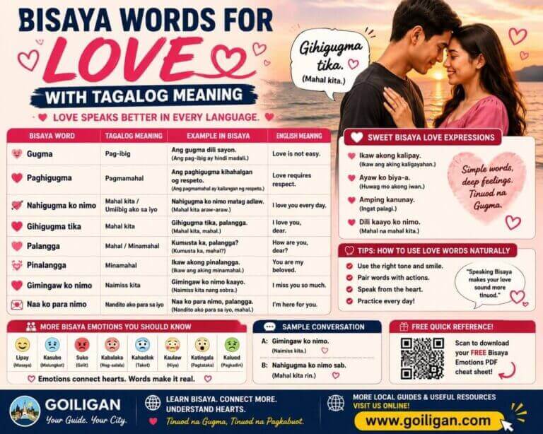 infographic of bisaya love phrases with tagalog meaning and english, showing a couple and emotions on the right side.