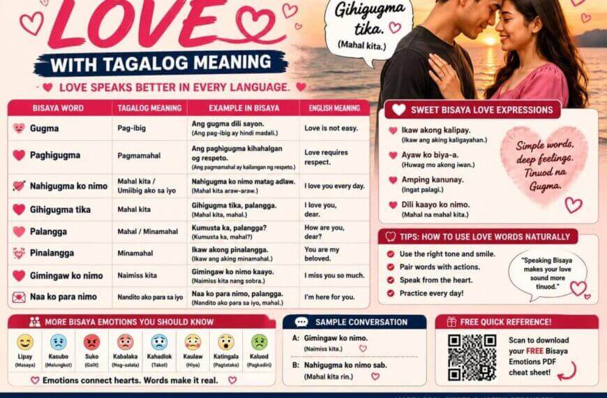 infographic of bisaya love phrases with tagalog meaning and english, showing a couple and emotions on the right side.