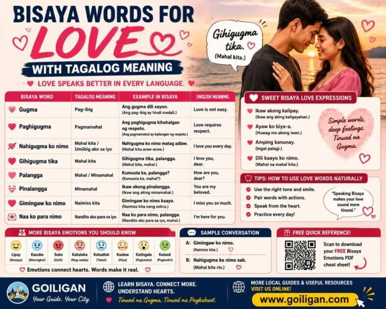 infographic of bisaya love phrases with tagalog meaning and english, showing a couple and emotions on the right side.