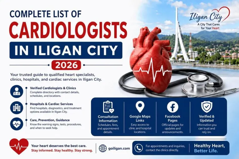 infographic listing cardiologists in iligan city and cardiac care services for 2026 with medical themed graphics.