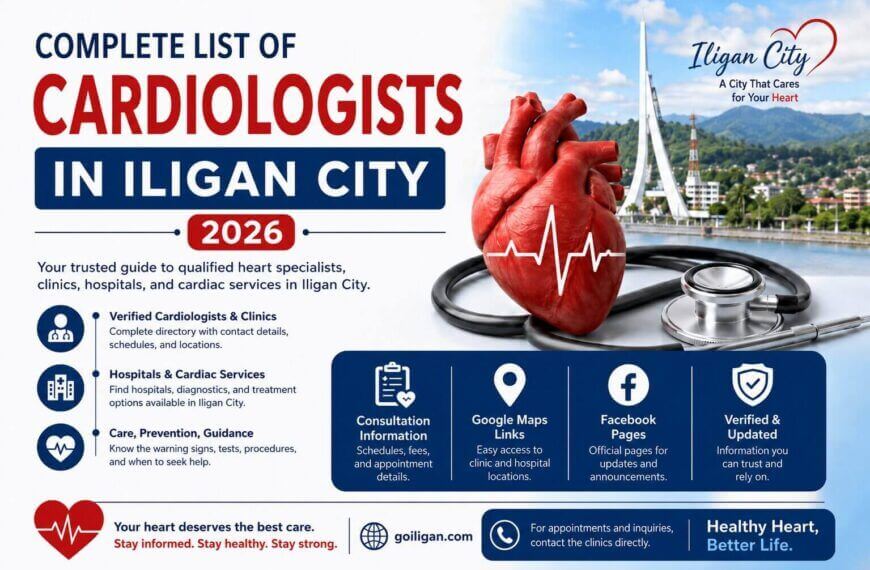infographic listing cardiologists in iligan city and cardiac care services for 2026 with medical themed graphics.
