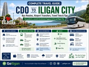 infographic travel guide from cdo to iligan city with bus routes, tips, and local transport options.