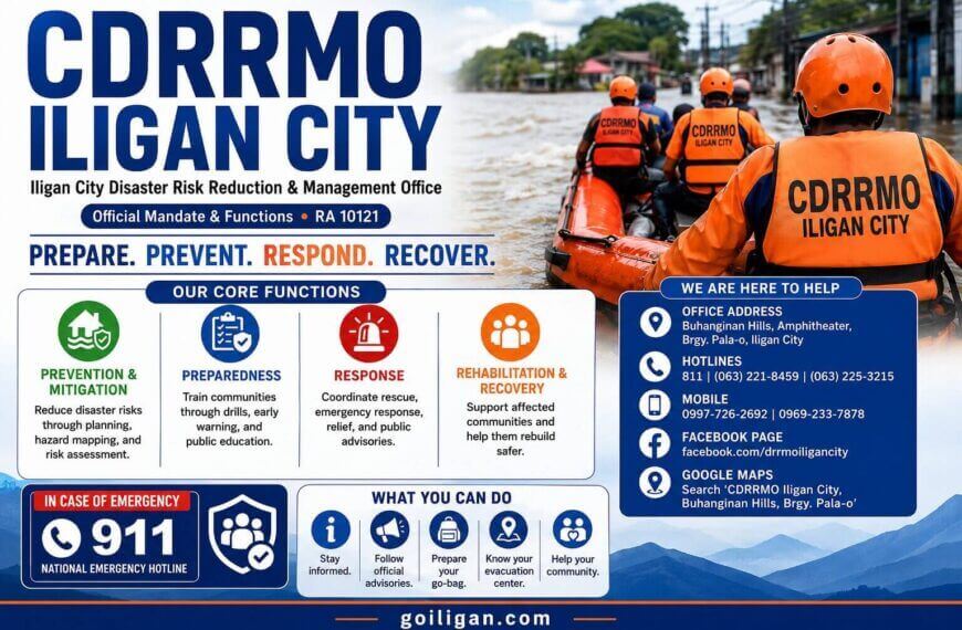 cdrrmo iligan city team paddles a rescue boat; public safety contact details are clearly displayed.