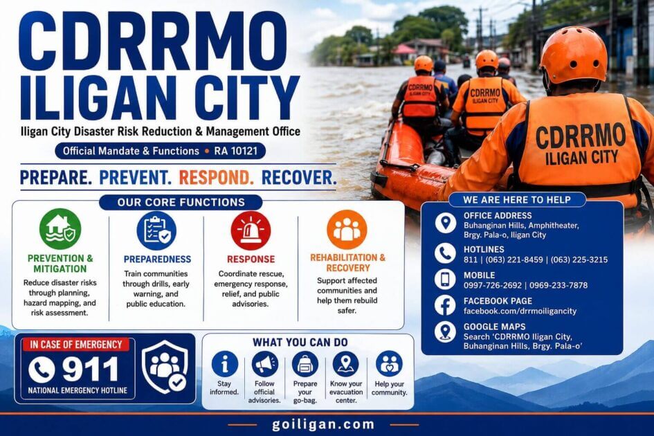 cdrrmo iligan city team paddles a rescue boat; public safety contact details are clearly displayed.