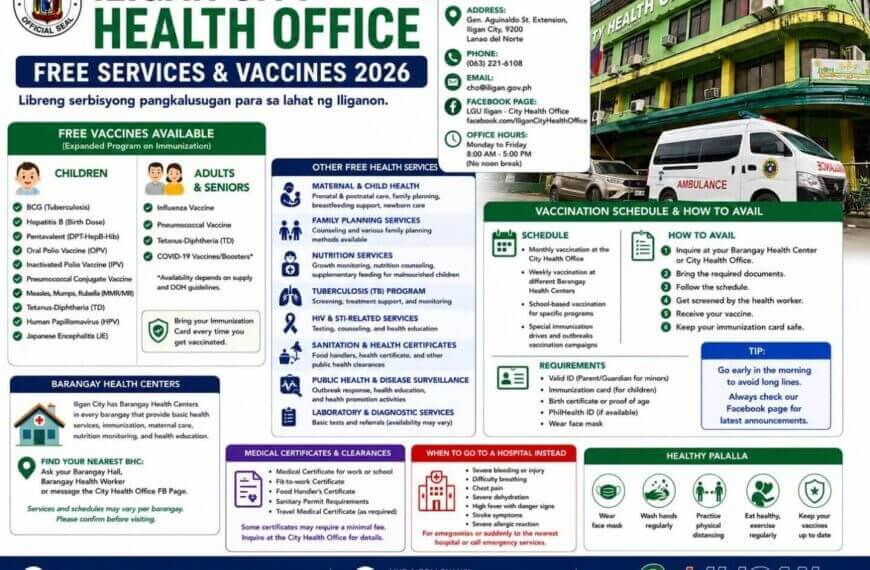 infographic detailing iligan city health office’s free health services, vaccines, schedules, and contact info.