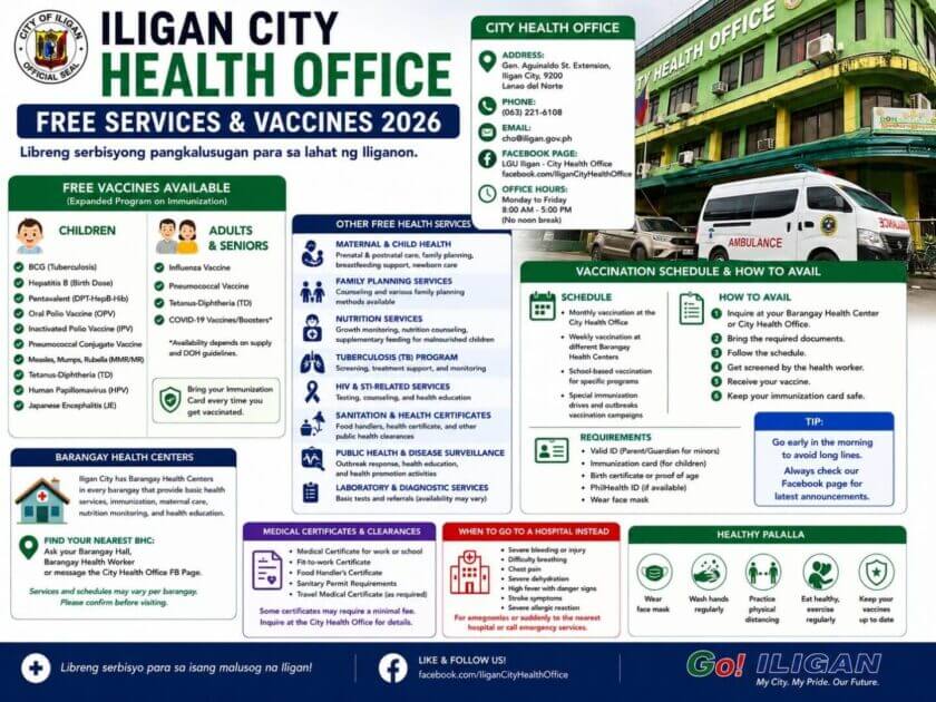 infographic detailing iligan city health office’s free health services, vaccines, schedules, and contact info.