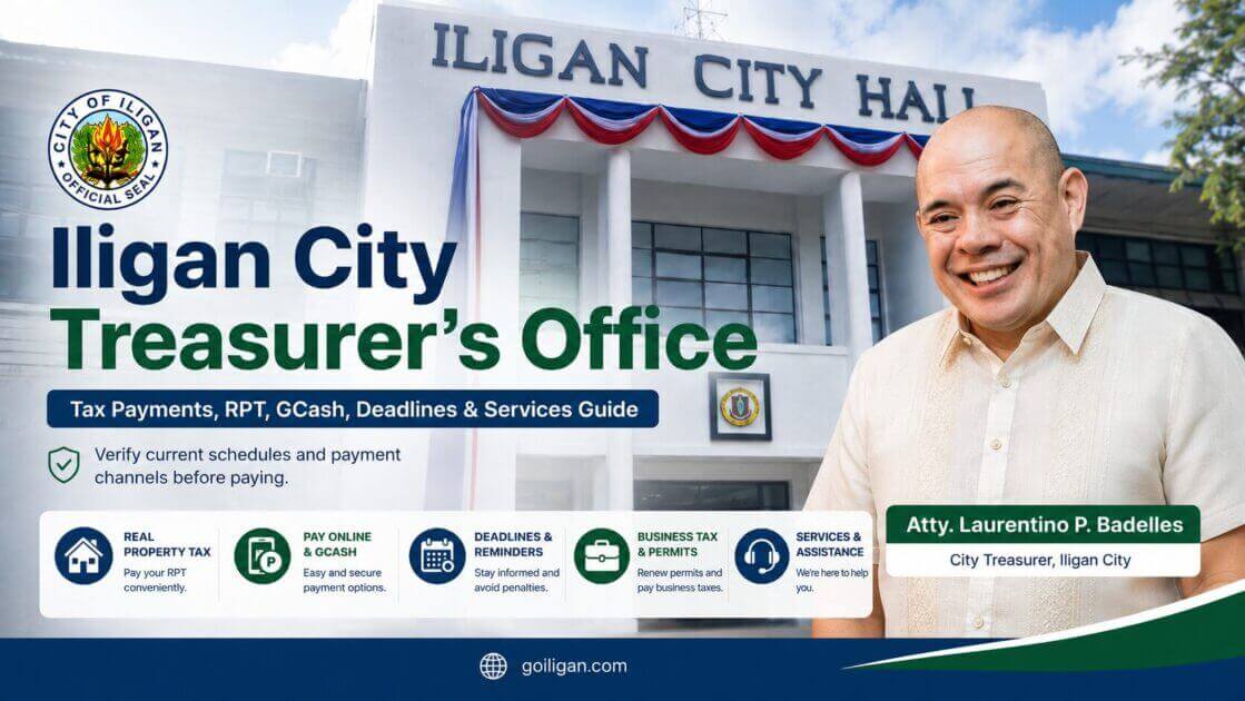 iligan city treasurer’s office banner highlights tax payments via gcash and features the smiling city treasurer.