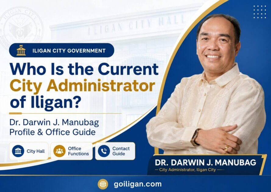 a man in a barong smiles by text naming him as iligan city administrator dr. darwin j. manubag.