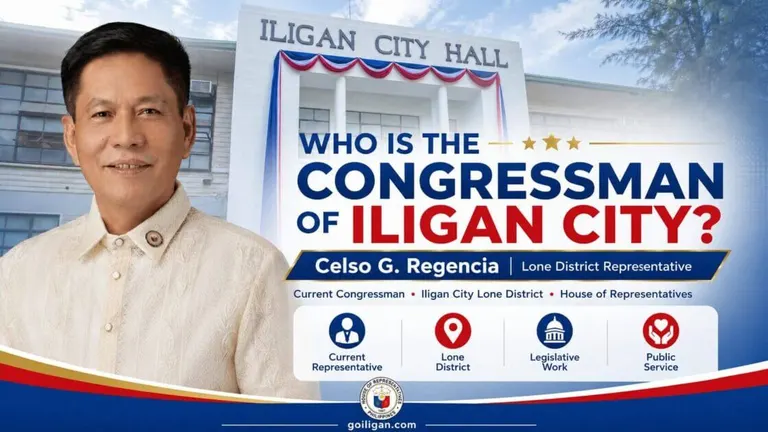 a man stands before iligan city hall, introducing celso g. regencia as iligan city congressman.