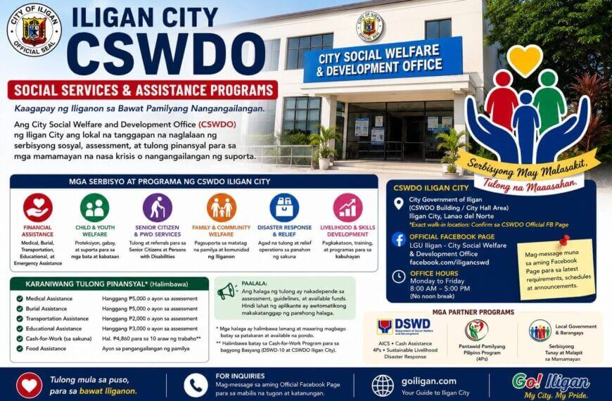 infographic on iligan city social services, cswdo assistance programs, office info, and partner organizations.