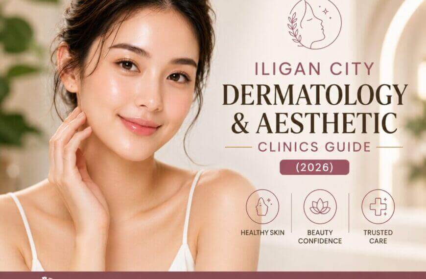 smiling woman with glowing skin beside iligan city aesthetic clinics & dermatology guide 2026 text and icons.