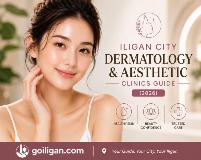 smiling woman with glowing skin beside iligan city aesthetic clinics & dermatology guide 2026 text and icons.