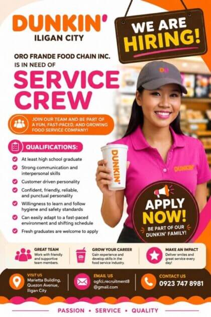 a smiling dunkin employee holds a cup—dunkin' iligan city hiring service crew jobs, apply 2025!.