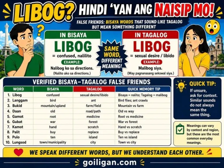 infographic on libog as a false friend—exploring meanings in bisaya words vs. tagalog, with examples and vocab table.