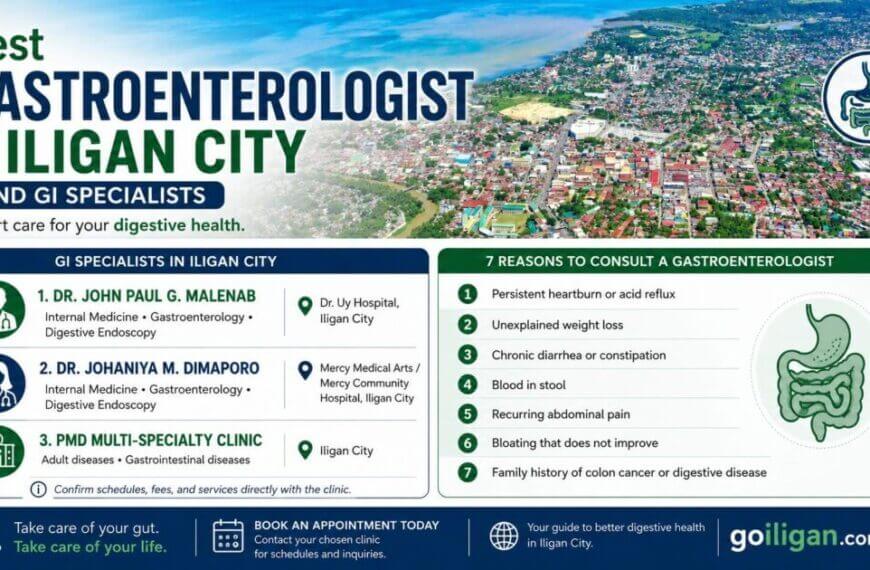 infographic listing top gi specialists in iligan city, reasons to consult them, and booking information.
