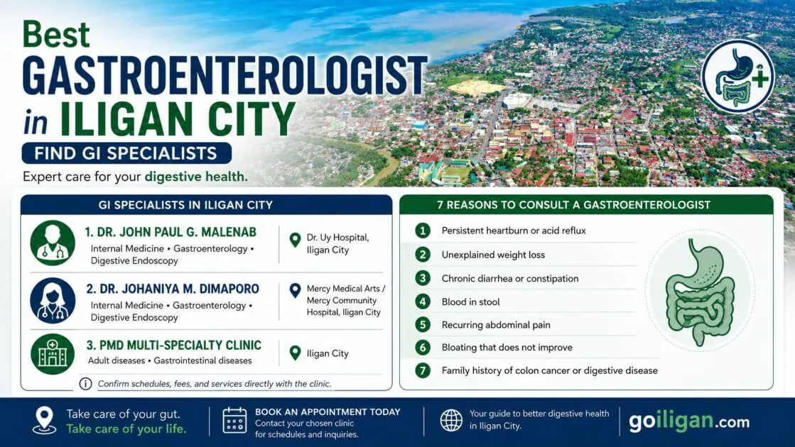 infographic listing top gi specialists in iligan city, reasons to consult them, and booking information.