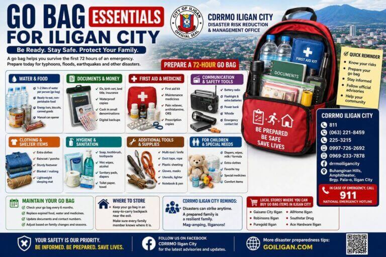 infographic of go bag essentials for emergency preparedness in iligan city, philippines.