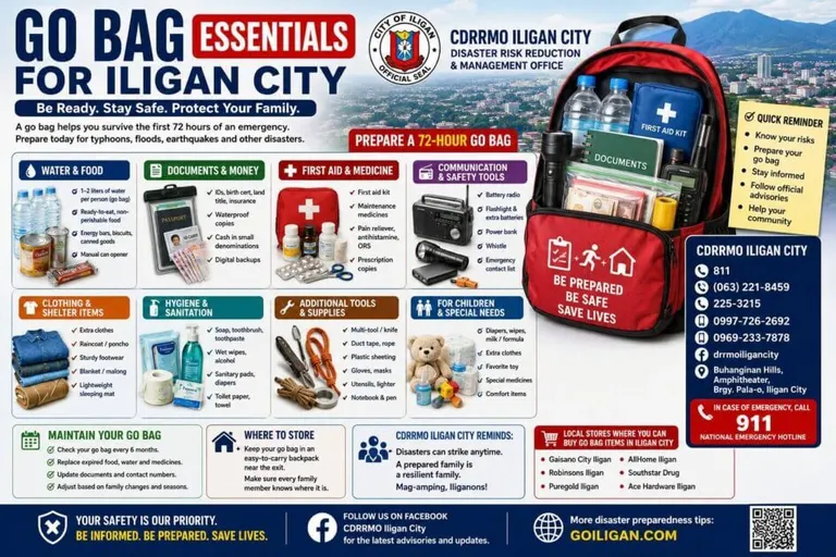 infographic of go bag essentials for emergency preparedness in iligan city, philippines.