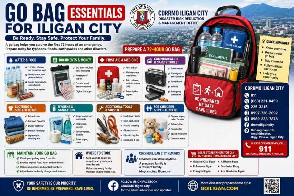 infographic of go bag essentials for emergency preparedness in iligan city, philippines.