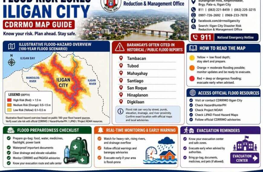 infographic of iligan city cdrrmo map showing flood risk zones, safety tips, and emergency contacts.