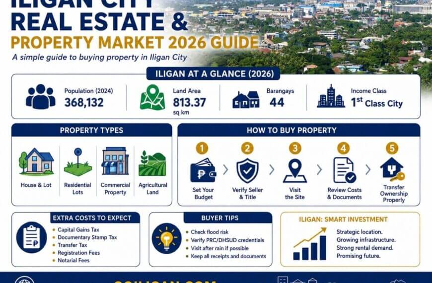 infographic on iligan city real estate property market, featuring stats, property types, and buying tips.