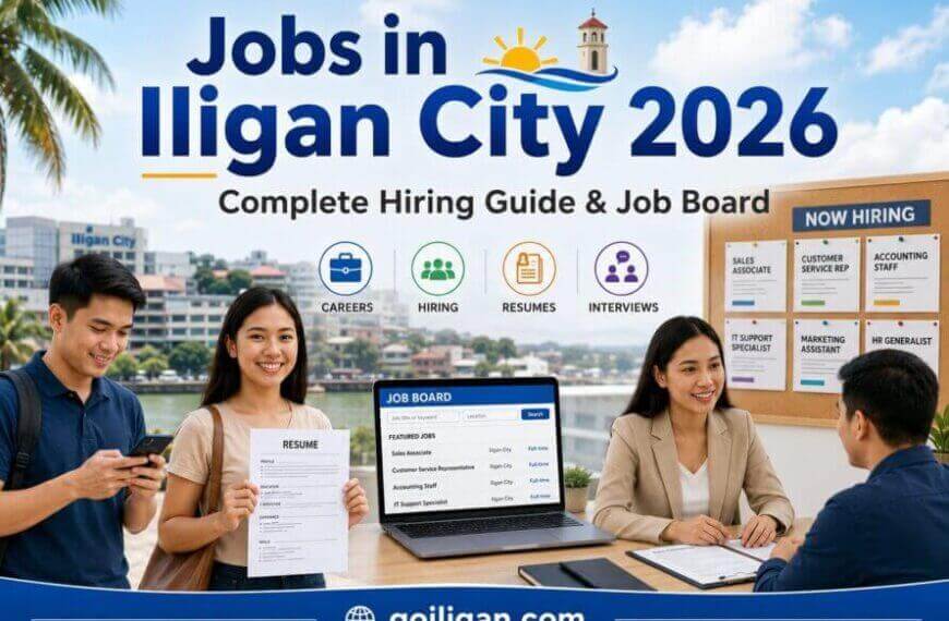 four young adults review resumes at a career fair, exploring iligan city jobs with a hiring board behind them.