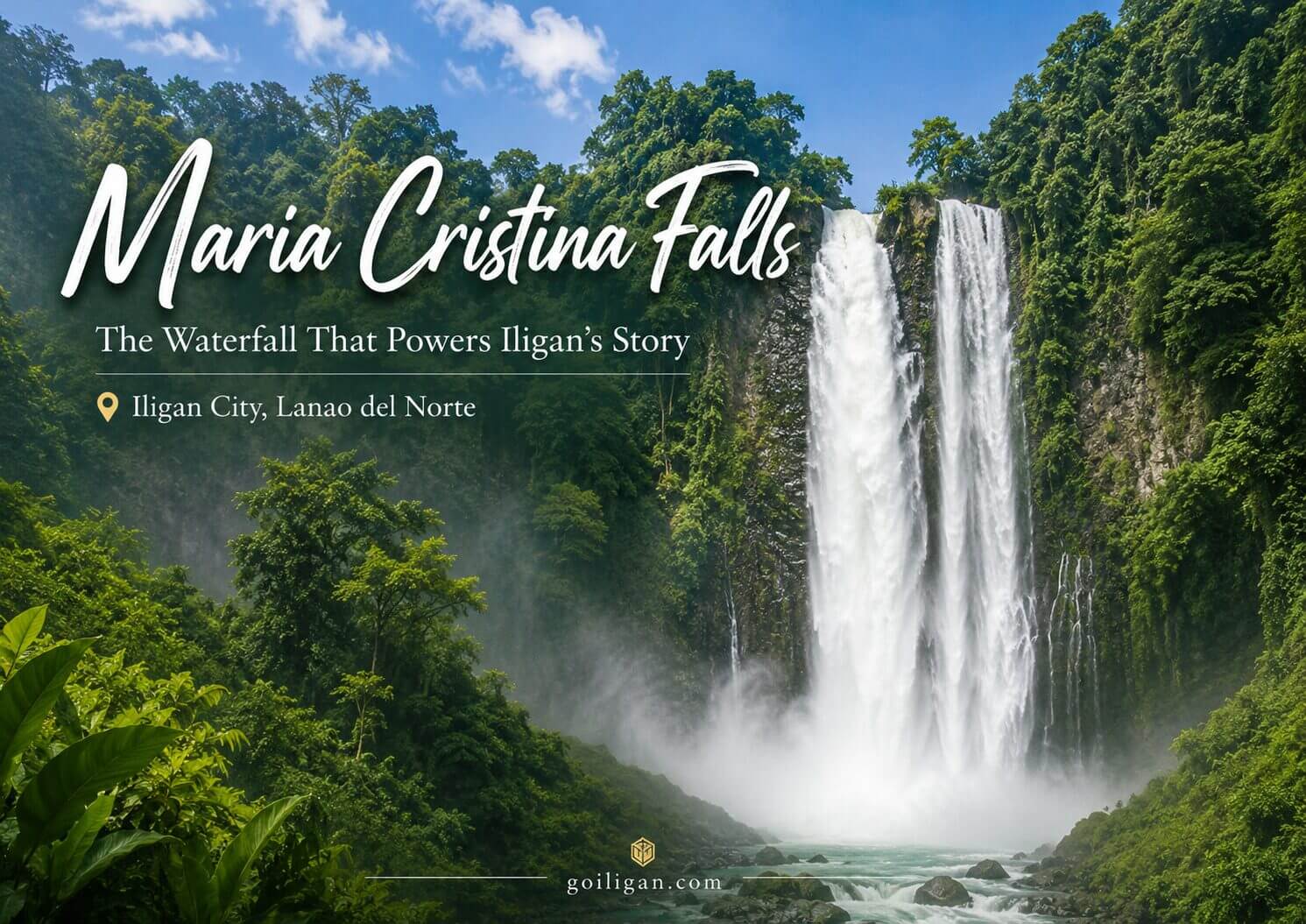 maria cristina falls, the iconic waterfall of iligan, flows between lush green cliffs under a partly cloudy sky.