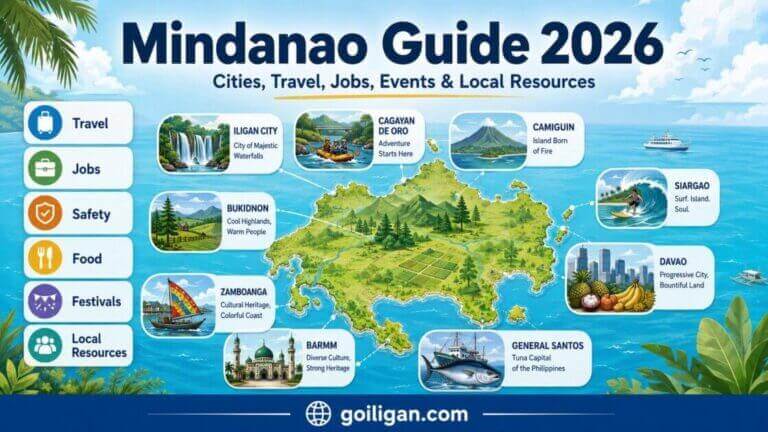 mindanao guide 2026 infographic highlights cities, travel, jobs, and top mindanao events and resources.