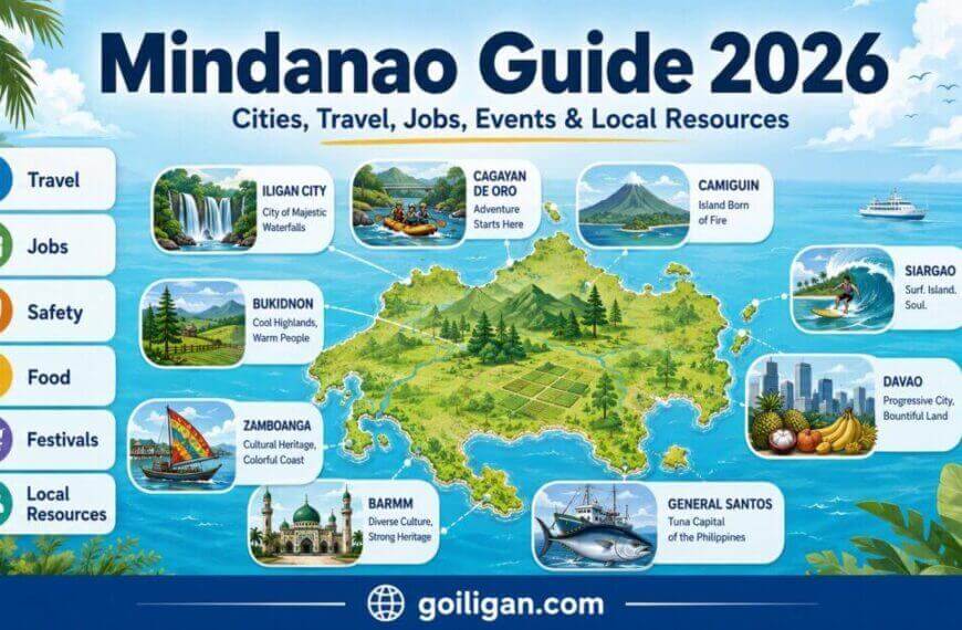 mindanao guide 2026 infographic highlights cities, travel, jobs, and top mindanao events and resources.
