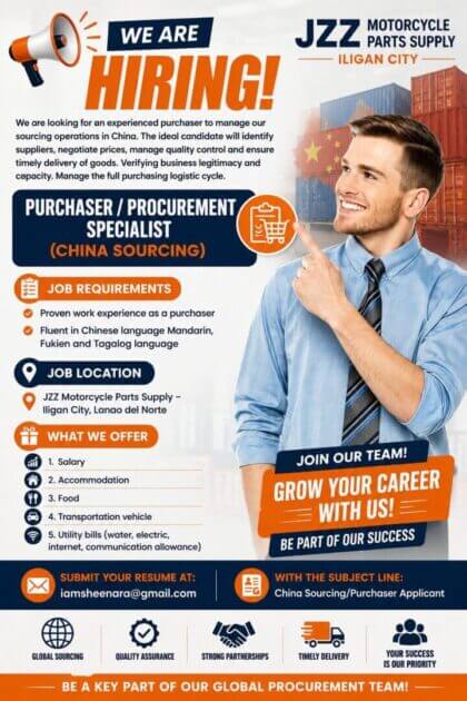 job recruitment flyer for a procurement specialist at jzz motorcycle parts supply—focus on china sourcing in iligan city.