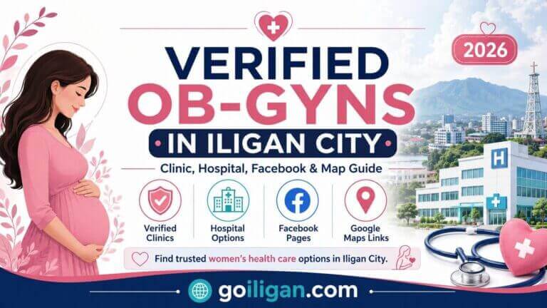 infographic of verified ob gyns iligan city, clinics, and hospitals with icons and a pregnant woman.
