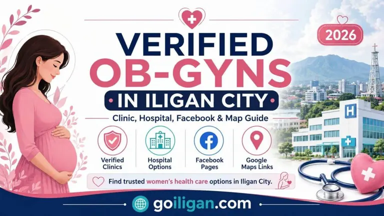 infographic of verified ob gyns iligan city, clinics, and hospitals with icons and a pregnant woman.